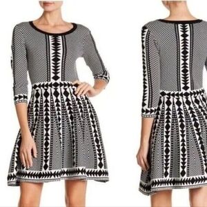 Geometric Jacquard Knit Fit & Flare Dress - Black/White Tribal NWOT